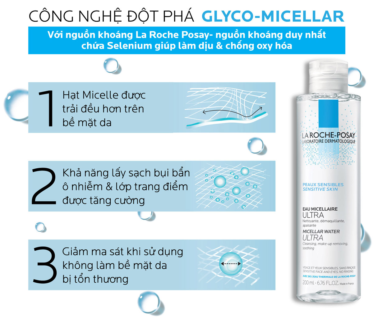 Nước Tẩy Trang La Roche-Posay Micellar Water Ultra Sensitive Skin ứng dụng công nghệ Glyco Micellar  Nước Tẩy Trang La Roche-Posay Micellar Water Ultra Sensitive Skin ứng dụng công nghệ Glyco Micellar giúp làm sạch sâu da, lấy đi lớp trang điểm, bã nhờn và bụi mịn PM2.5 hiệu quả mà vẫn giữ được sự cân bằng cho bề mặt da, mang đến cảm giác sạch thoáng và tươi mát.