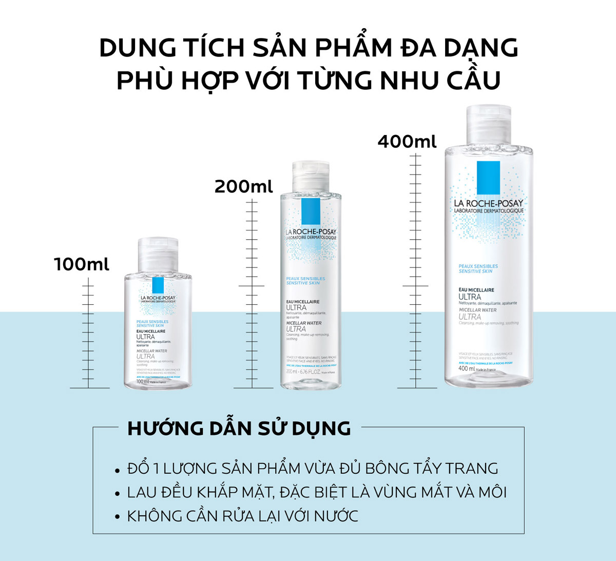 Nước Tẩy Trang La Roche-Posay Micellar Water Ultra Sensitive Skin có 3 dung tích cho bạn lựa chọn Nước Tẩy Trang La Roche-Posay Micellar Water Ultra Sensitive Skin đa dạng dung tích, phù hợp với từng nhu cầu của người dùng