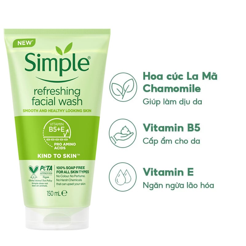 Sữa Rửa Mặt Dịu Nhẹ, Dành Cho Da Nhạy Cảm Simple 1 Sữa Rửa Mặt Dịu Nhẹ, Dành Cho Da Nhạy Cảm Simple Kind To Skin Refreshing Facial Wash 150ml