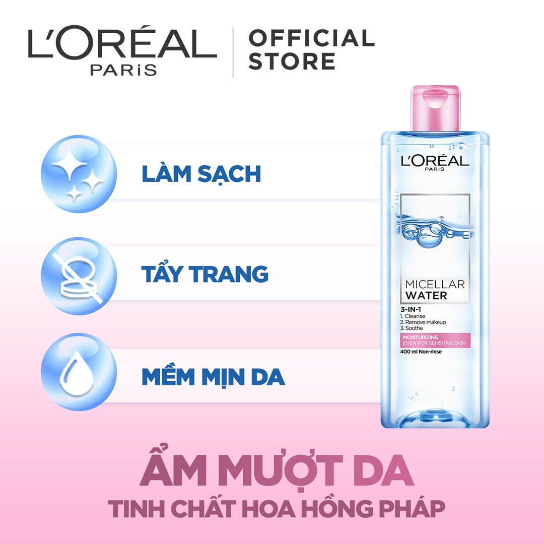 Nước Tẩy Trang Và Làm Sạch Dưỡng Ẩm (Hồng) L'Oreal Paris 3-in-1 Micellar Water 3-in-1 Moisturizing Even For Sensitive Skin 3 nuoc tay trang va lam sach duong am hong loreal paris 3 in 1 micellar water 3 in 1 moisturizing even for sensitive skin 3148 2