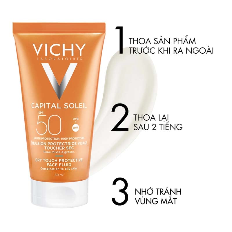 Kem Chống Nắng Vichy Cho Da Dầu, Không Nhờn Rít Dry Touch SPF50+ 50ml 2 Kem Chống Nắng Vichy Cho Da Dầu, Không Nhờn Rít Ideal Soleil Mattifying Face Fluid Dry Touch SPF50+ 50ml